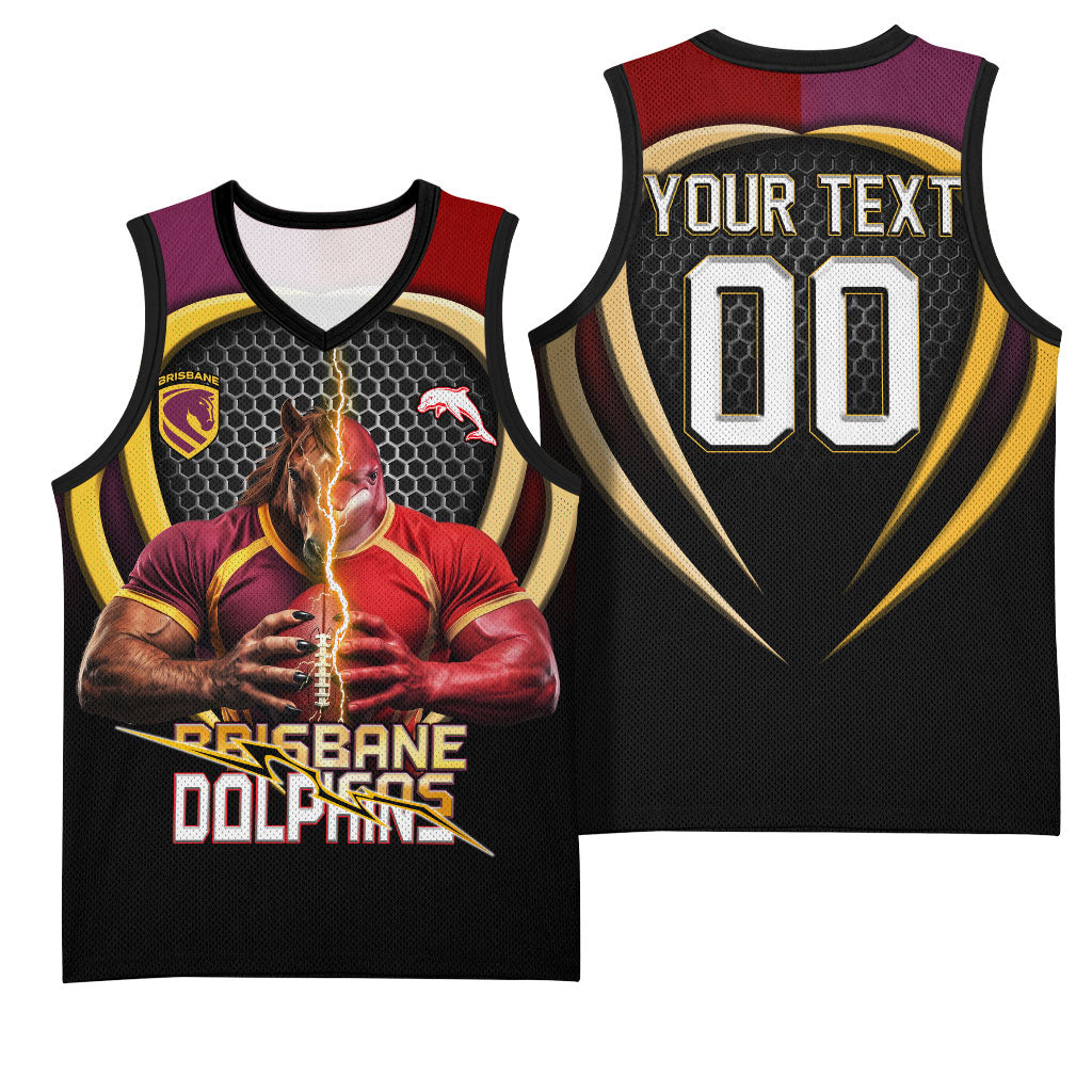 Personalized Brisbane Broncos vs Dolphins Fusion Basketball Jersey Hybrid Mascot Lightning Graphic With Hexagon Honeycomb