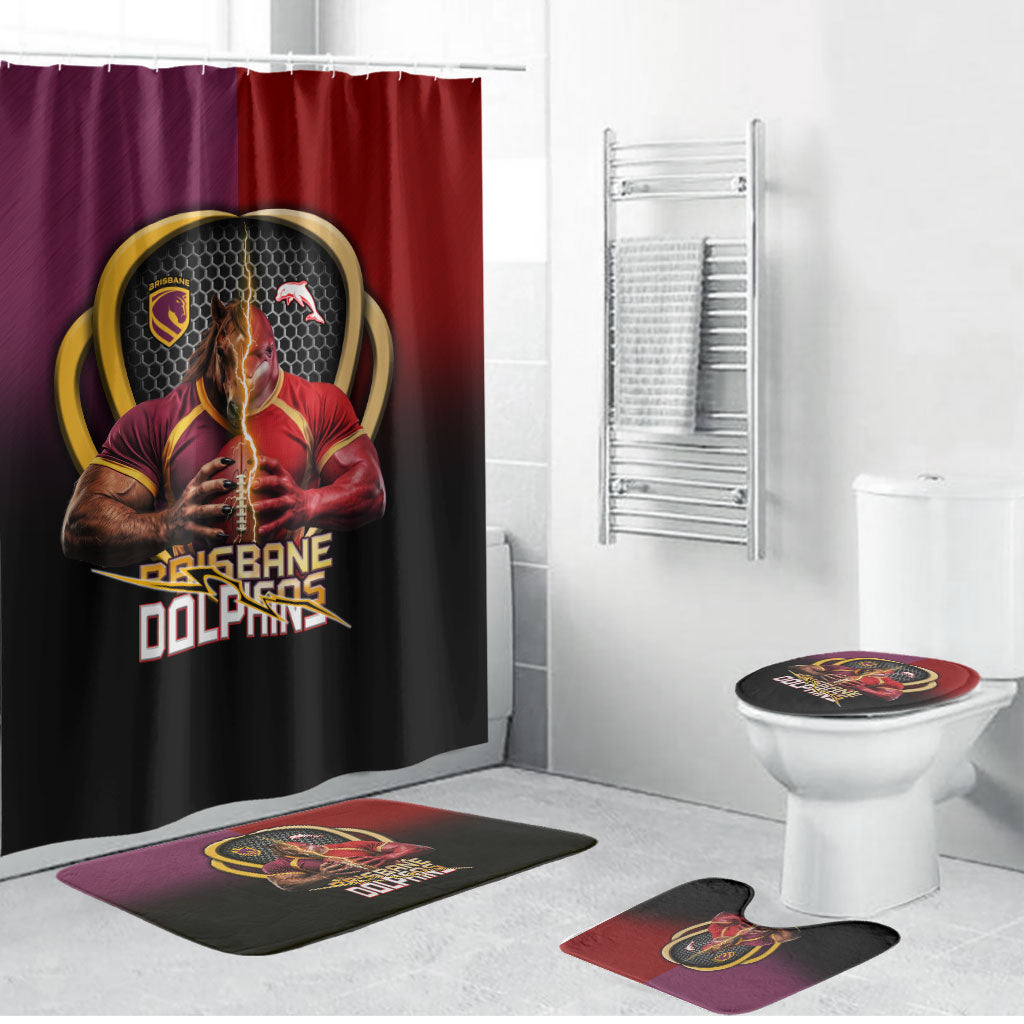 Brisbane Broncos vs Dolphins Fusion Bathroom Set Hybrid Mascot Lightning Graphic With Hexagon Honeycomb
