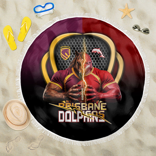 Brisbane Broncos vs Dolphins Fusion Beach Blanket Hybrid Mascot Lightning Graphic With Hexagon Honeycomb