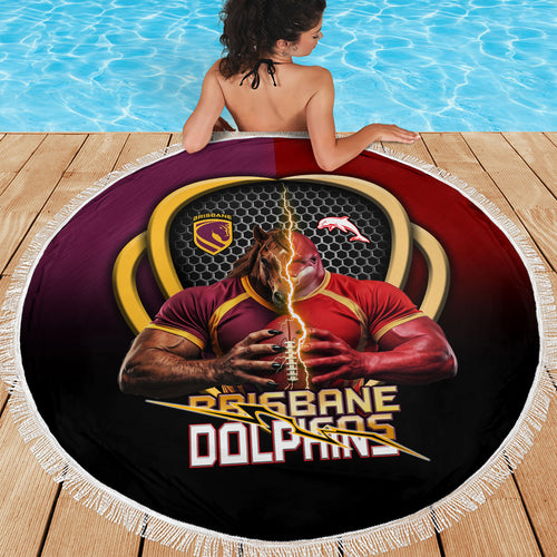 Brisbane Broncos vs Dolphins Fusion Beach Blanket Hybrid Mascot Lightning Graphic With Hexagon Honeycomb