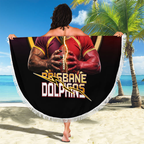 Brisbane Broncos vs Dolphins Fusion Beach Blanket Hybrid Mascot Lightning Graphic With Hexagon Honeycomb