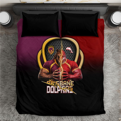 Brisbane Broncos vs Dolphins Fusion Bedding Set Hybrid Mascot Lightning Graphic With Hexagon Honeycomb