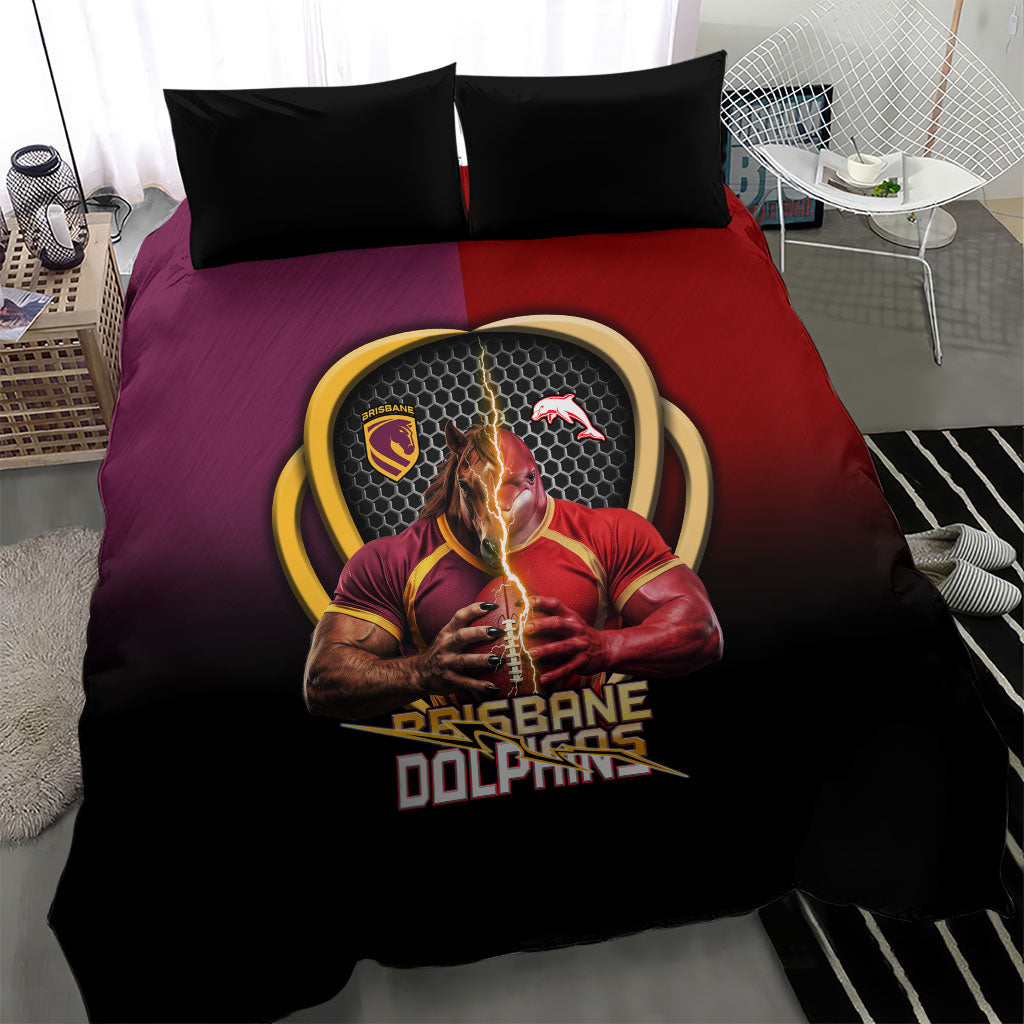 Brisbane Broncos vs Dolphins Fusion Bedding Set Hybrid Mascot Lightning Graphic With Hexagon Honeycomb