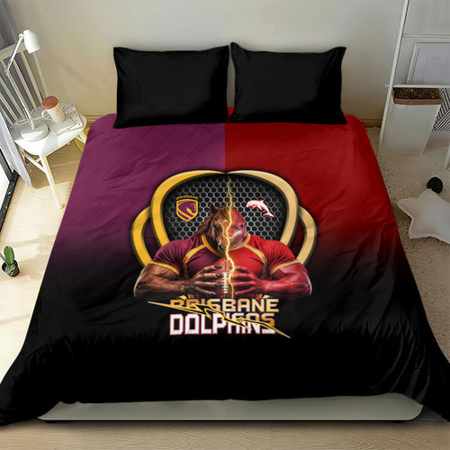 Brisbane Broncos vs Dolphins Fusion Bedding Set Hybrid Mascot Lightning Graphic With Hexagon Honeycomb