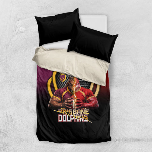 Brisbane Broncos vs Dolphins Fusion Bedding Set Hybrid Mascot Lightning Graphic With Hexagon Honeycomb