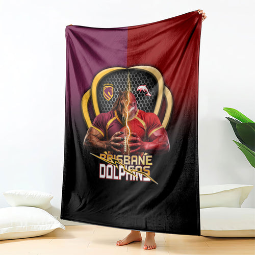 Brisbane Broncos vs Dolphins Fusion Blanket Hybrid Mascot Lightning Graphic With Hexagon Honeycomb