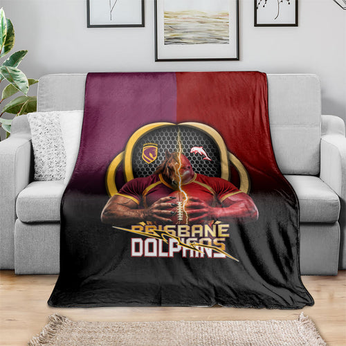 Brisbane Broncos vs Dolphins Fusion Blanket Hybrid Mascot Lightning Graphic With Hexagon Honeycomb