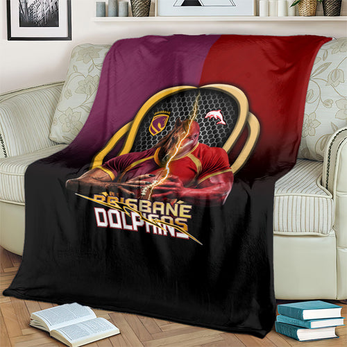 Brisbane Broncos vs Dolphins Fusion Blanket Hybrid Mascot Lightning Graphic With Hexagon Honeycomb