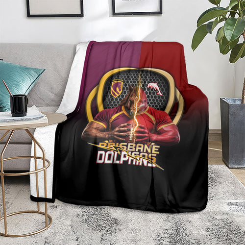 Brisbane Broncos vs Dolphins Fusion Blanket Hybrid Mascot Lightning Graphic With Hexagon Honeycomb