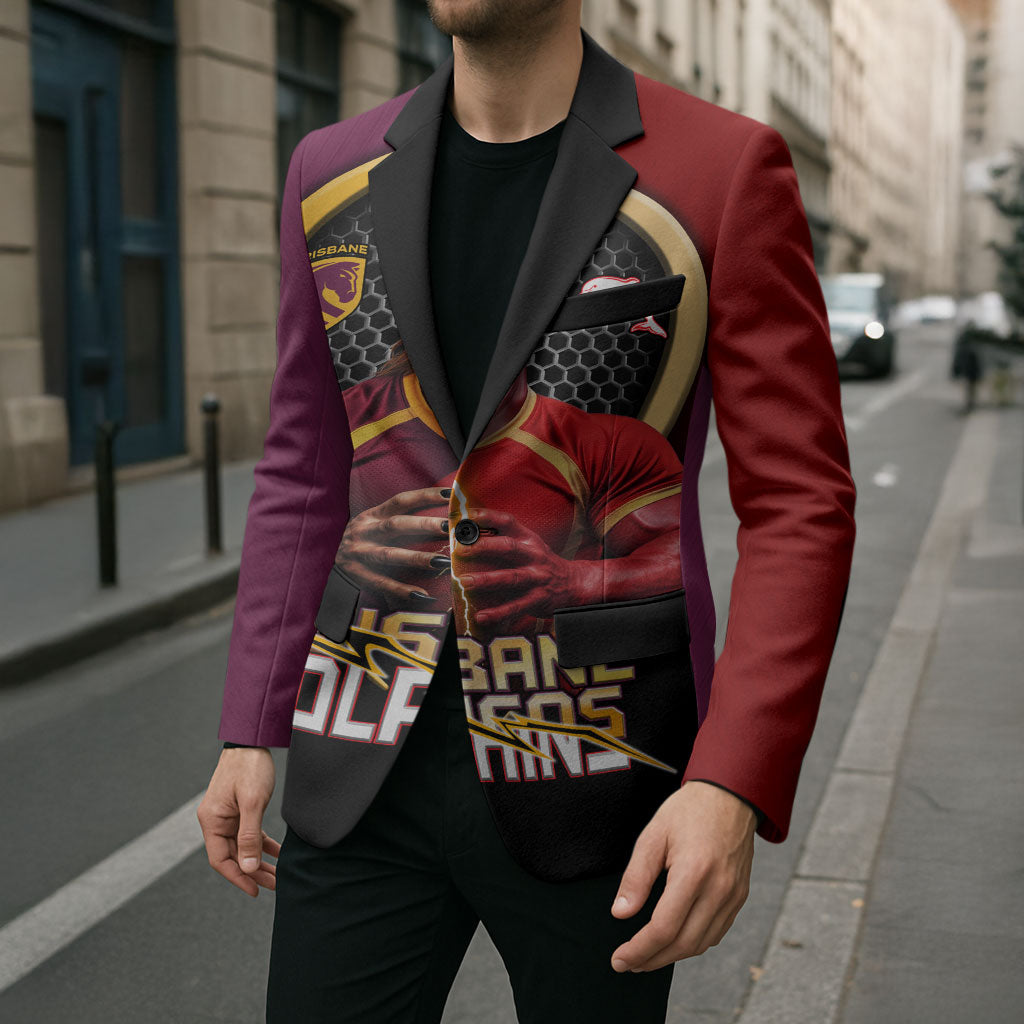 Personalized Brisbane Broncos vs Dolphins Fusion Blazer Hybrid Mascot Lightning Graphic With Hexagon Honeycomb