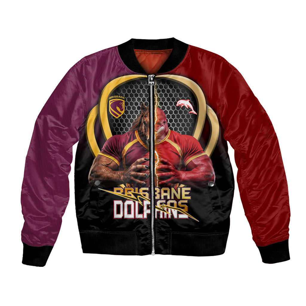 Personalized Brisbane Broncos vs Dolphins Fusion Bomber Jacket Hybrid Mascot Lightning Graphic With Hexagon Honeycomb
