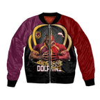 Personalized Brisbane Broncos vs Dolphins Fusion Bomber Jacket Hybrid Mascot Lightning Graphic With Hexagon Honeycomb
