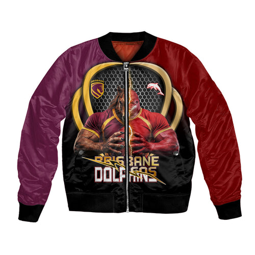 Personalized Brisbane Broncos vs Dolphins Fusion Bomber Jacket Hybrid Mascot Lightning Graphic With Hexagon Honeycomb