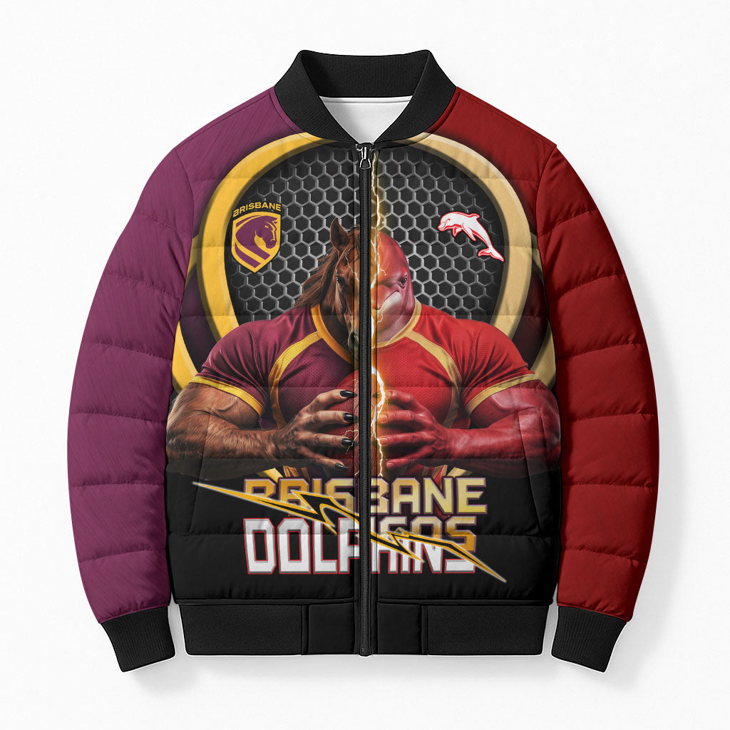 Personalized Brisbane Broncos vs Dolphins Fusion Bomber Puffer Jacket Hybrid Mascot Lightning Graphic With Hexagon Honeycomb