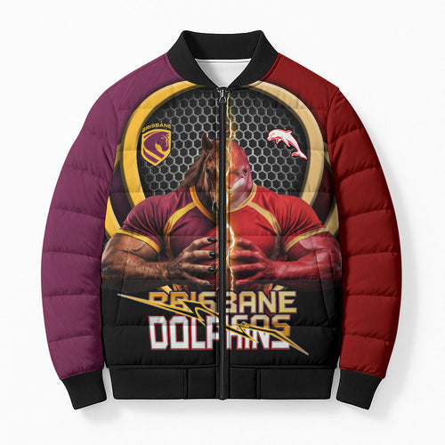 Personalized Brisbane Broncos vs Dolphins Fusion Bomber Puffer Jacket Hybrid Mascot Lightning Graphic With Hexagon Honeycomb