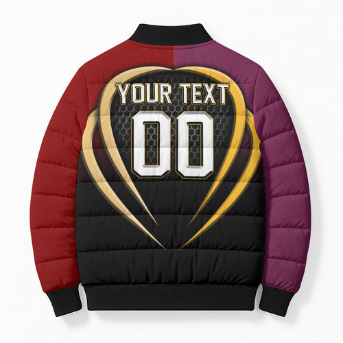 Personalized Brisbane Broncos vs Dolphins Fusion Bomber Puffer Jacket Hybrid Mascot Lightning Graphic With Hexagon Honeycomb