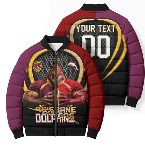 Personalized Brisbane Broncos vs Dolphins Fusion Bomber Puffer Jacket Hybrid Mascot Lightning Graphic With Hexagon Honeycomb