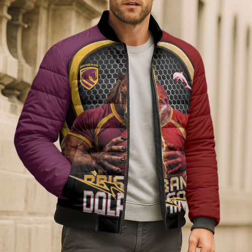 Personalized Brisbane Broncos vs Dolphins Fusion Bomber Puffer Jacket Hybrid Mascot Lightning Graphic With Hexagon Honeycomb