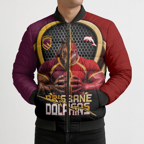 Personalized Brisbane Broncos vs Dolphins Fusion Bomber Puffer Jacket Hybrid Mascot Lightning Graphic With Hexagon Honeycomb