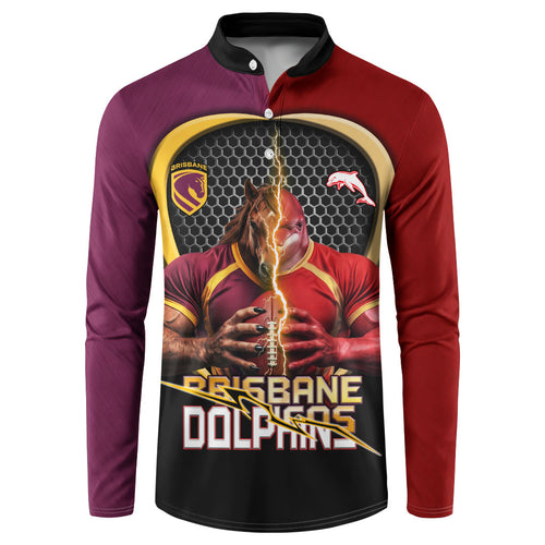 Personalized Brisbane Broncos vs Dolphins Fusion Button Sweatshirt Hybrid Mascot Lightning Graphic With Hexagon Honeycomb