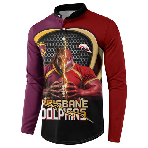 Personalized Brisbane Broncos vs Dolphins Fusion Button Sweatshirt Hybrid Mascot Lightning Graphic With Hexagon Honeycomb