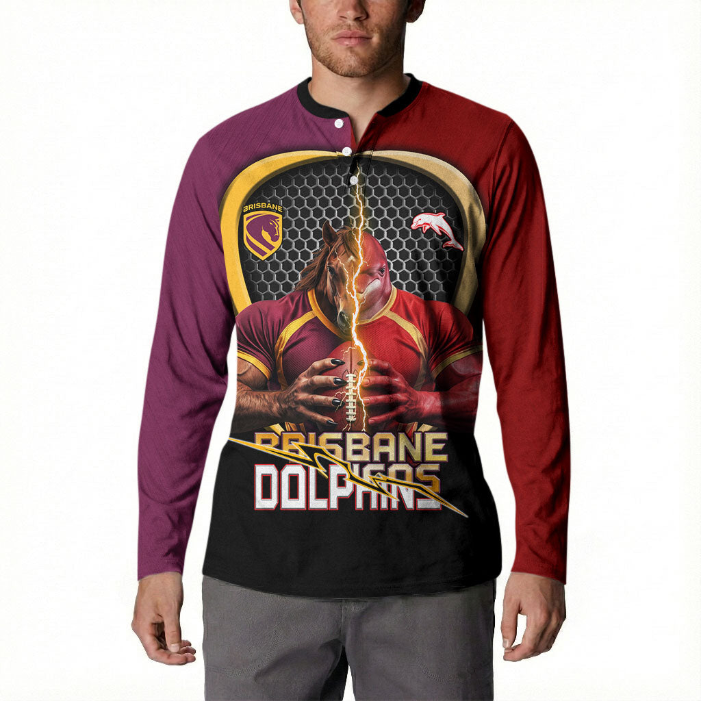 Personalized Brisbane Broncos vs Dolphins Fusion Button Sweatshirt Hybrid Mascot Lightning Graphic With Hexagon Honeycomb