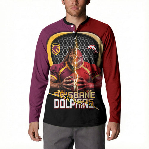 Personalized Brisbane Broncos vs Dolphins Fusion Button Sweatshirt Hybrid Mascot Lightning Graphic With Hexagon Honeycomb