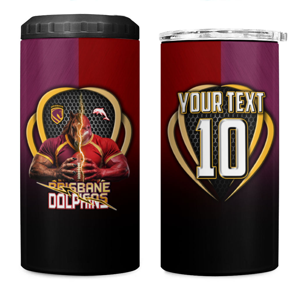 Personalized Brisbane Broncos vs Dolphins Fusion 4 in 1 Can Cooler Tumbler Hybrid Mascot Lightning Graphic With Hexagon Honeycomb