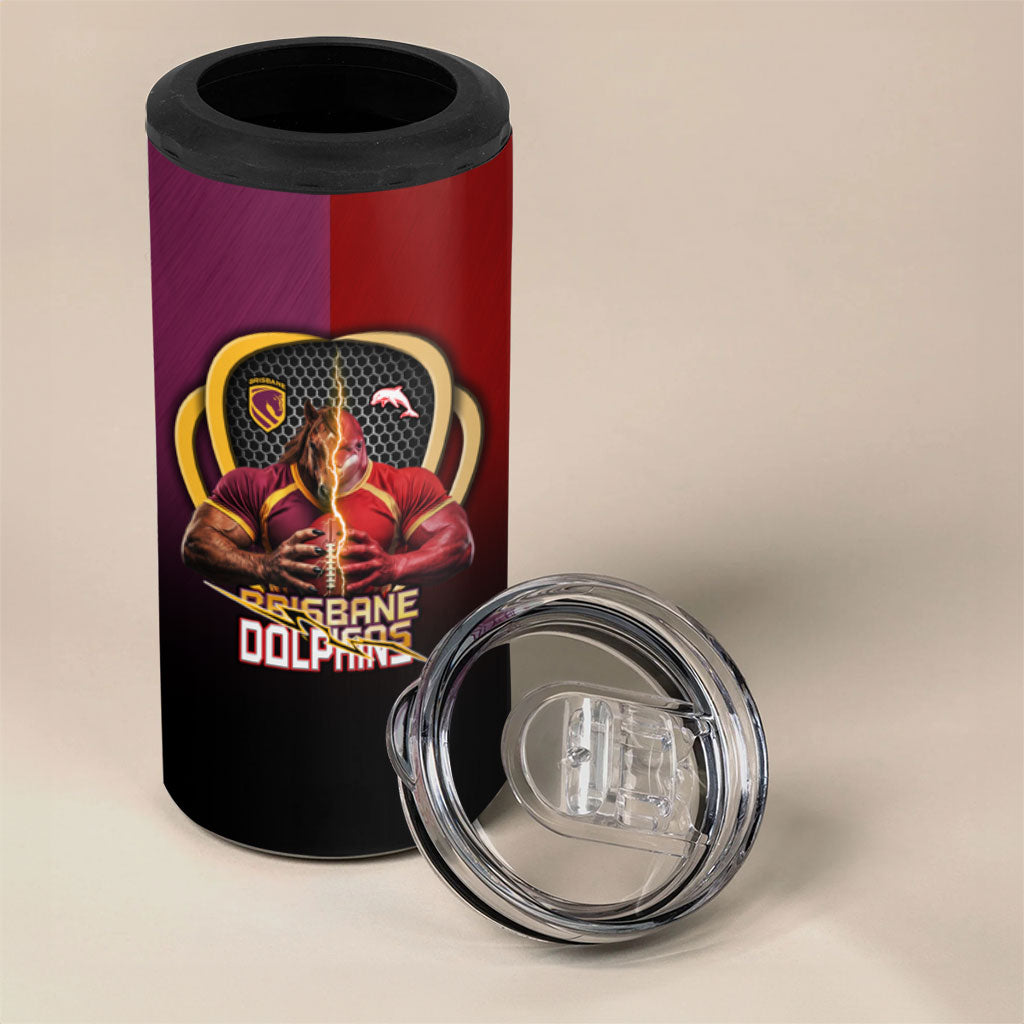 Personalized Brisbane Broncos vs Dolphins Fusion 4 in 1 Can Cooler Tumbler Hybrid Mascot Lightning Graphic With Hexagon Honeycomb