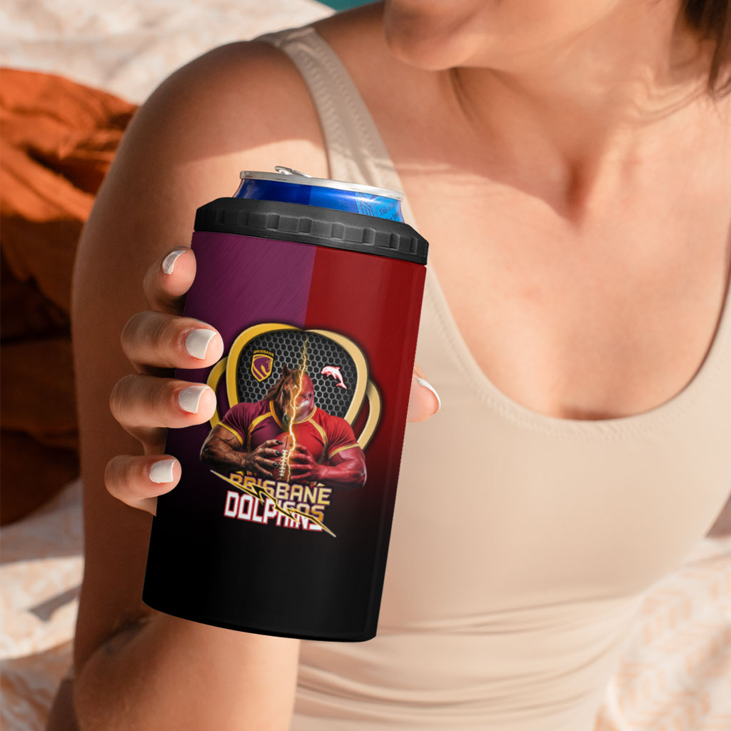 Personalized Brisbane Broncos vs Dolphins Fusion 4 in 1 Can Cooler Tumbler Hybrid Mascot Lightning Graphic With Hexagon Honeycomb