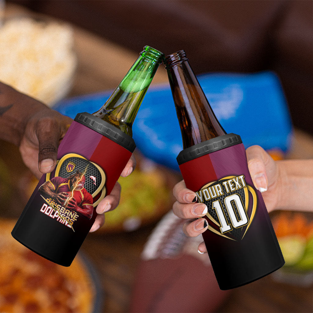 Personalized Brisbane Broncos vs Dolphins Fusion 4 in 1 Can Cooler Tumbler Hybrid Mascot Lightning Graphic With Hexagon Honeycomb