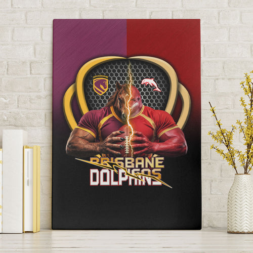 Brisbane Broncos vs Dolphins Fusion Canvas Wall Art Hybrid Mascot Lightning Graphic With Hexagon Honeycomb