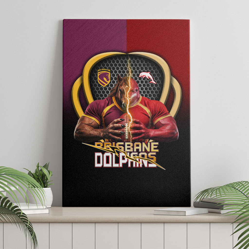 Brisbane Broncos vs Dolphins Fusion Canvas Wall Art Hybrid Mascot Lightning Graphic With Hexagon Honeycomb