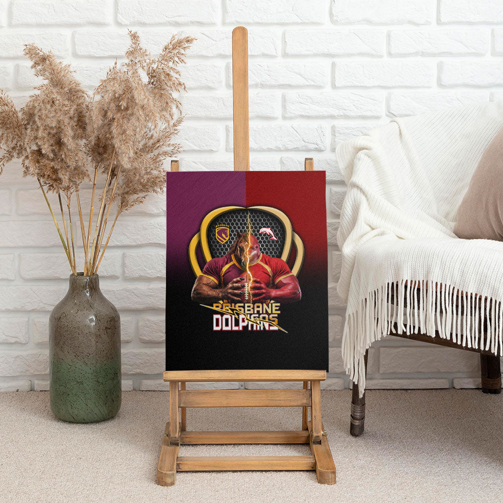 Brisbane Broncos vs Dolphins Fusion Canvas Wall Art Hybrid Mascot Lightning Graphic With Hexagon Honeycomb