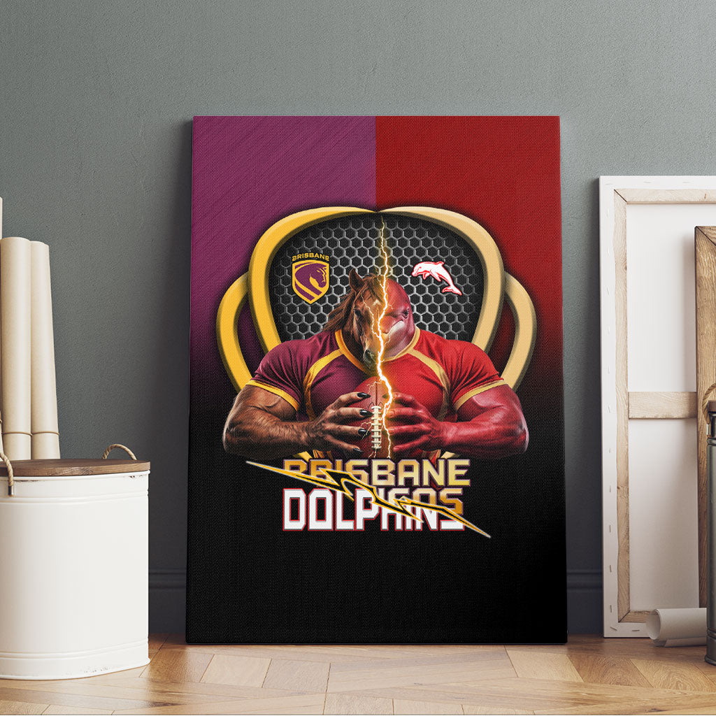 Brisbane Broncos vs Dolphins Fusion Canvas Wall Art Hybrid Mascot Lightning Graphic With Hexagon Honeycomb