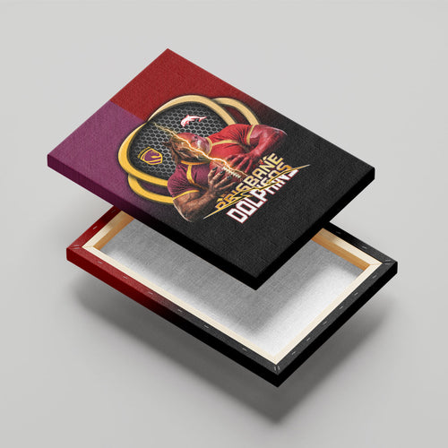 Brisbane Broncos vs Dolphins Fusion Canvas Wall Art Hybrid Mascot Lightning Graphic With Hexagon Honeycomb