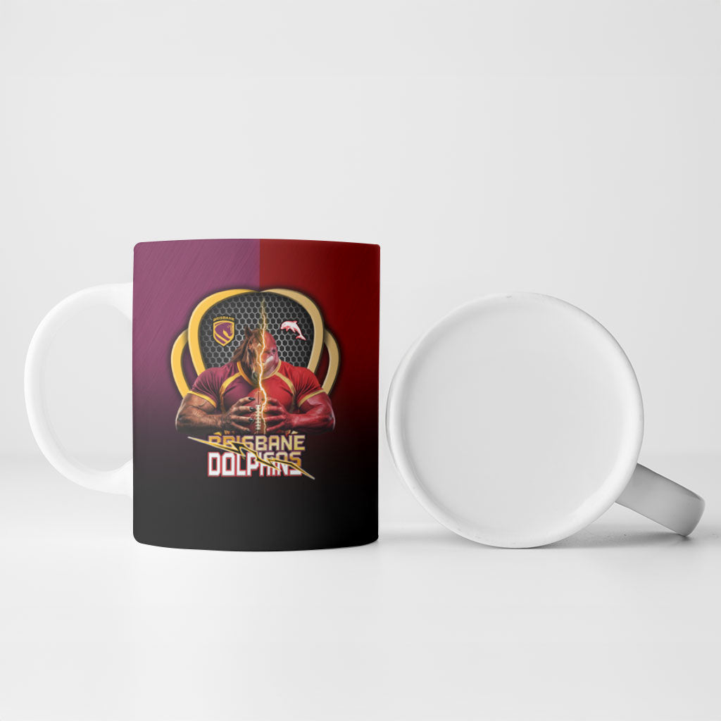 Personalized Brisbane Broncos vs Dolphins Fusion Ceramic Mug Hybrid Mascot Lightning Graphic With Hexagon Honeycomb