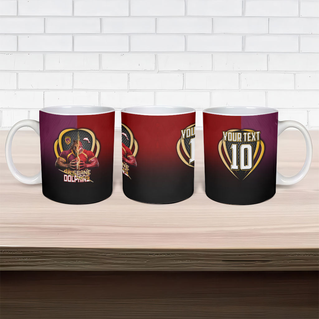 Personalized Brisbane Broncos vs Dolphins Fusion Ceramic Mug Hybrid Mascot Lightning Graphic With Hexagon Honeycomb