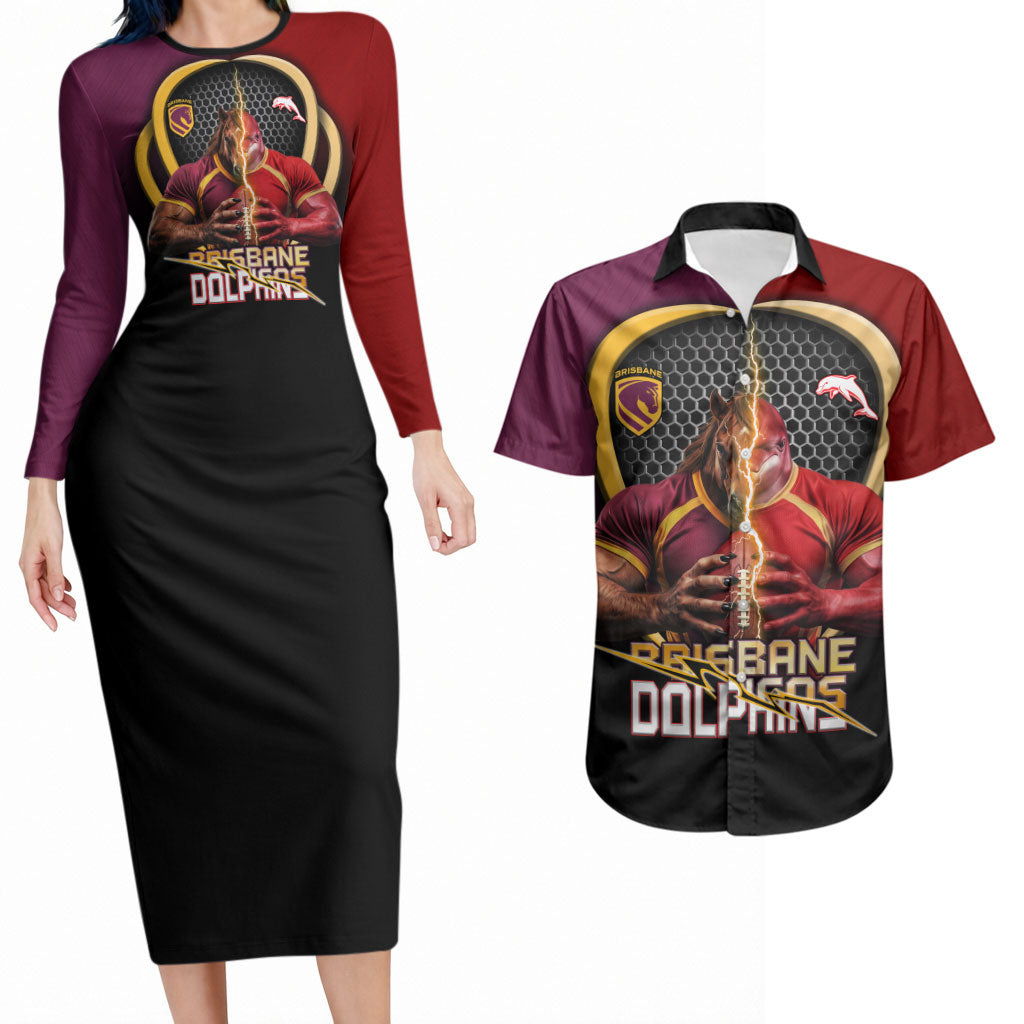 Personalized Brisbane Broncos vs Dolphins Fusion Couples Matching Long Sleeve Bodycon Dress and Hawaiian Shirt Hybrid Mascot Lightning Graphic With Hexagon Honeycomb