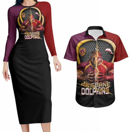 Personalized Brisbane Broncos vs Dolphins Fusion Couples Matching Long Sleeve Bodycon Dress and Hawaiian Shirt Hybrid Mascot Lightning Graphic With Hexagon Honeycomb