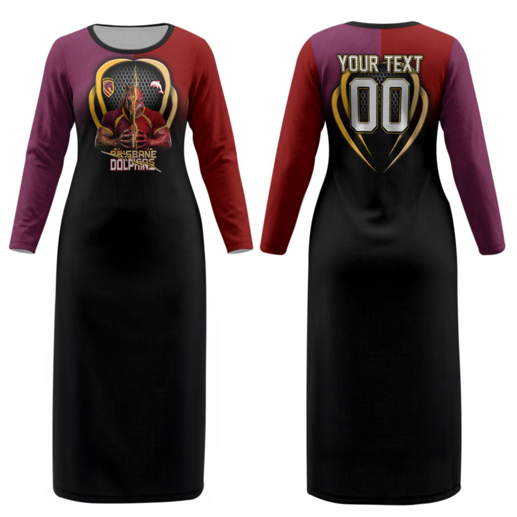 Personalized Brisbane Broncos vs Dolphins Fusion Couples Matching Long Sleeve Bodycon Dress and Hawaiian Shirt Hybrid Mascot Lightning Graphic With Hexagon Honeycomb