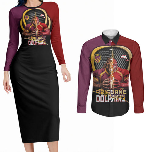 Personalized Brisbane Broncos vs Dolphins Fusion Couples Matching Long Sleeve Bodycon Dress and Long Sleeve Button Shirt Hybrid Mascot Lightning Graphic With Hexagon Honeycomb