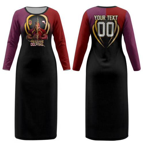 Personalized Brisbane Broncos vs Dolphins Fusion Couples Matching Long Sleeve Bodycon Dress and Long Sleeve Button Shirt Hybrid Mascot Lightning Graphic With Hexagon Honeycomb