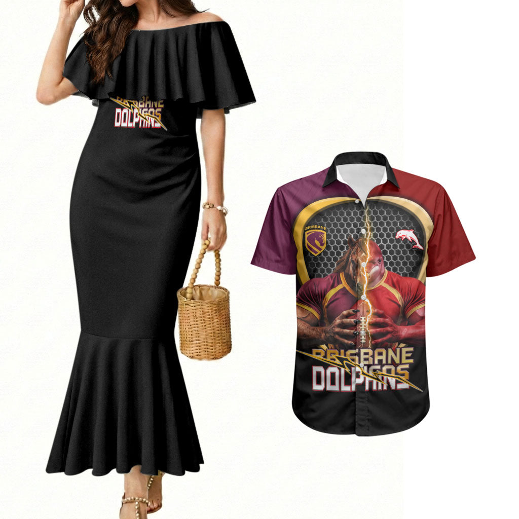 Personalized Brisbane Broncos vs Dolphins Fusion Couples Matching Mermaid Dress and Hawaiian Shirt Hybrid Mascot Lightning Graphic With Hexagon Honeycomb