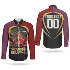 Personalized Brisbane Broncos vs Dolphins Fusion Couples Matching Mermaid Dress and Long Sleeve Button Shirt Hybrid Mascot Lightning Graphic With Hexagon Honeycomb
