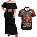 Personalized Brisbane Broncos vs Dolphins Fusion Couples Matching Off Shoulder Maxi Dress and Hawaiian Shirt Hybrid Mascot Lightning Graphic With Hexagon Honeycomb