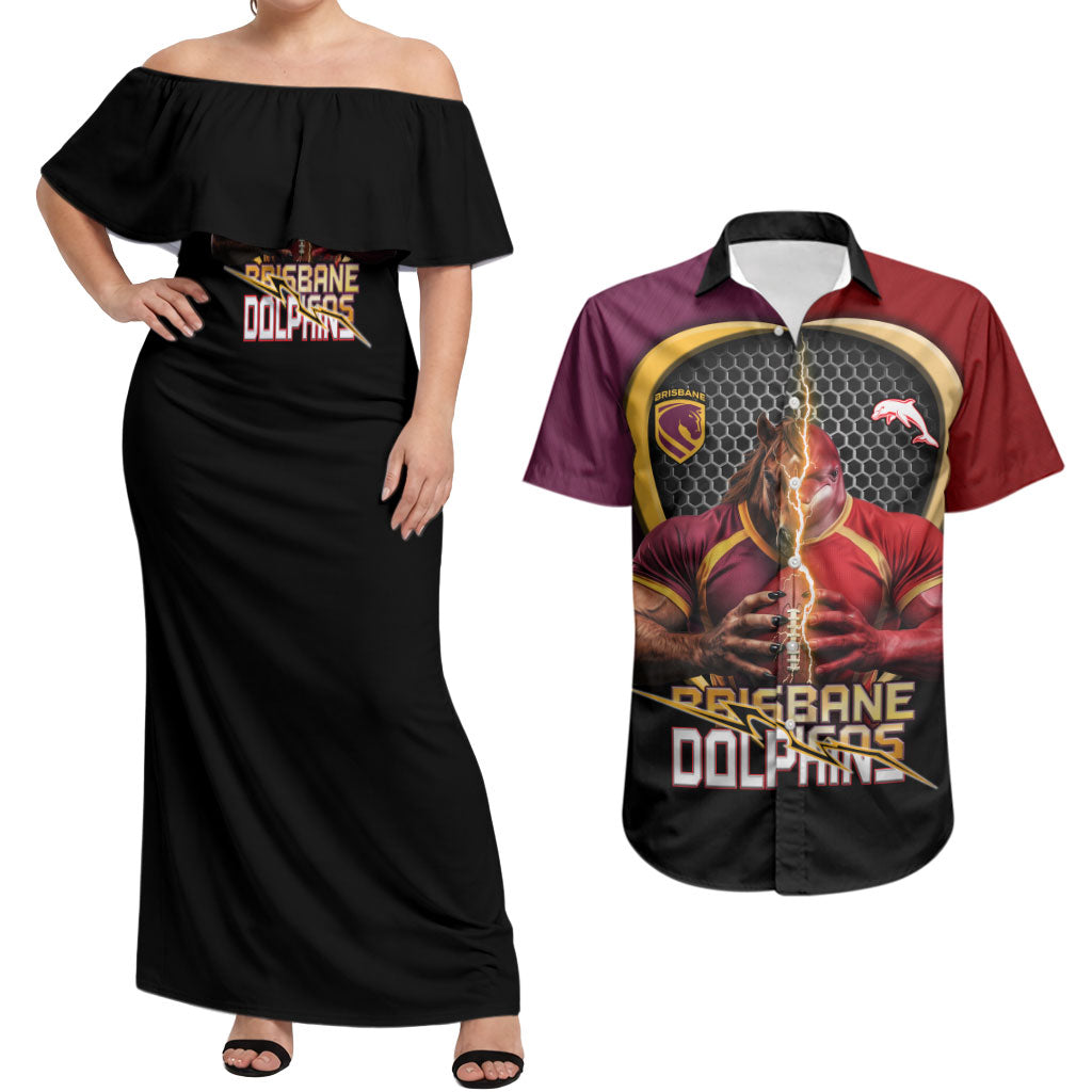 Personalized Brisbane Broncos vs Dolphins Fusion Couples Matching Off Shoulder Maxi Dress and Hawaiian Shirt Hybrid Mascot Lightning Graphic With Hexagon Honeycomb