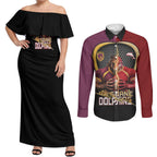 Personalized Brisbane Broncos vs Dolphins Fusion Couples Matching Off Shoulder Maxi Dress and Long Sleeve Button Shirt Hybrid Mascot Lightning Graphic With Hexagon Honeycomb