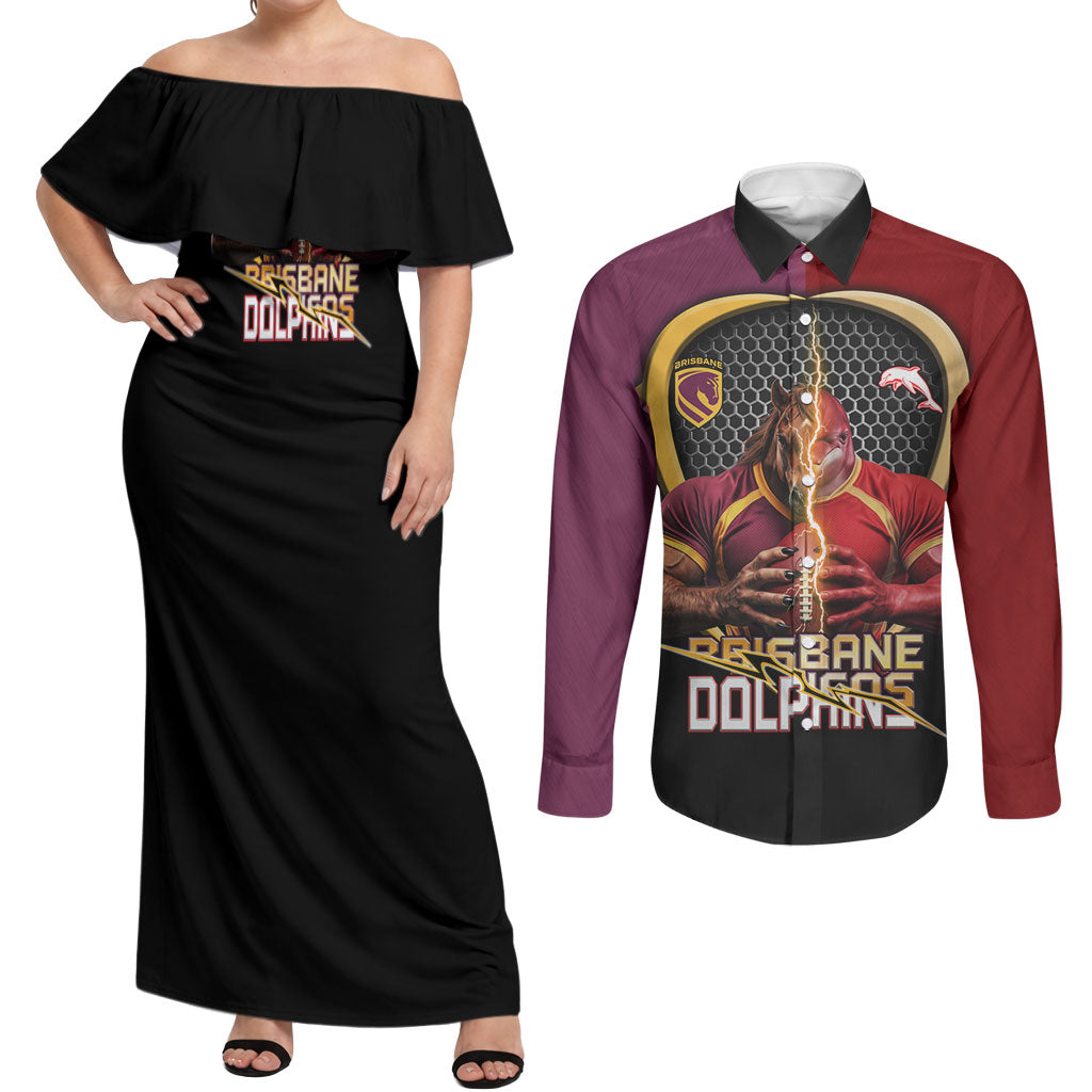 Personalized Brisbane Broncos vs Dolphins Fusion Couples Matching Off Shoulder Maxi Dress and Long Sleeve Button Shirt Hybrid Mascot Lightning Graphic With Hexagon Honeycomb