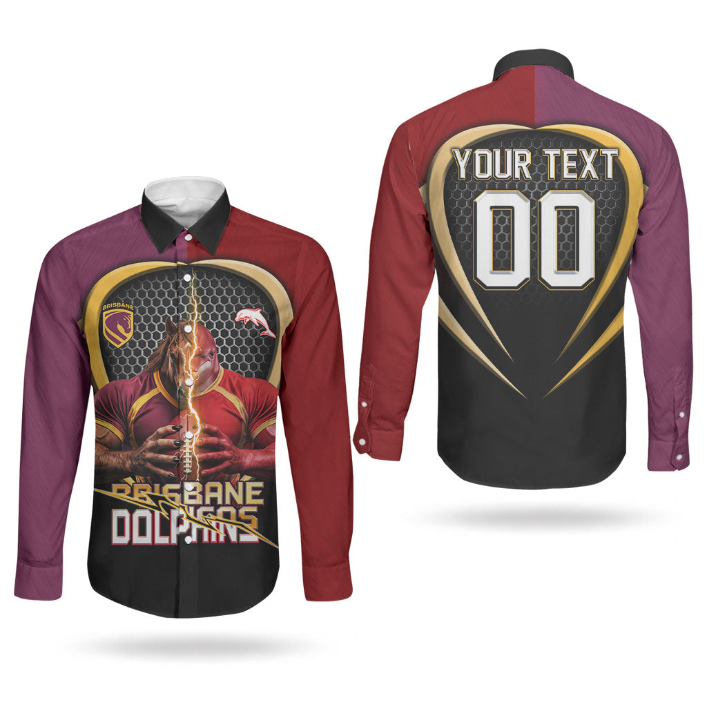 Personalized Brisbane Broncos vs Dolphins Fusion Couples Matching Off Shoulder Maxi Dress and Long Sleeve Button Shirt Hybrid Mascot Lightning Graphic With Hexagon Honeycomb